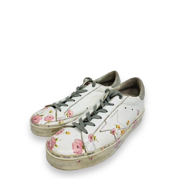 GOLDEN GOOSE White Leather Metallic Hi-Star Floral Print Sneakers Size 40 US 10 - Picture 3 of 8